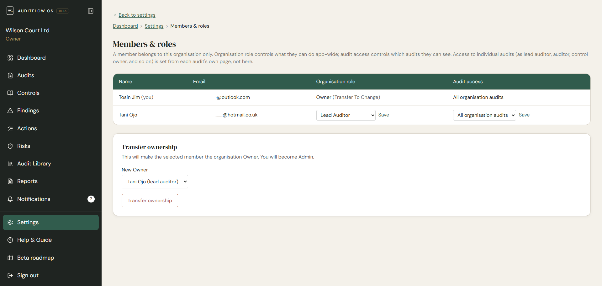 Eight permission levels control who can view, edit, respond, upload evidence, or manage audits.