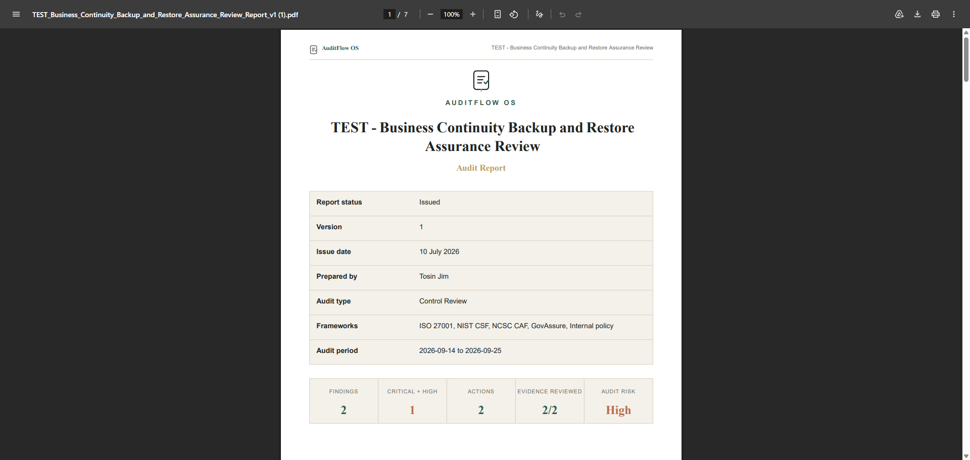 A locked, versioned AuditFlow OS audit report exported as a PDF
